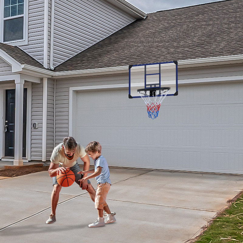 Panier de basketball mural Roomfitter, panneau incassable de 35 x 24 pouces, panier pliable avec filet toutes saisons, bleu