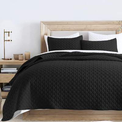 Queen Size Black Lightweight Bedspread, Quilted Clouds Pattern Soft Coverlet Set for All Season, 3 Pieces