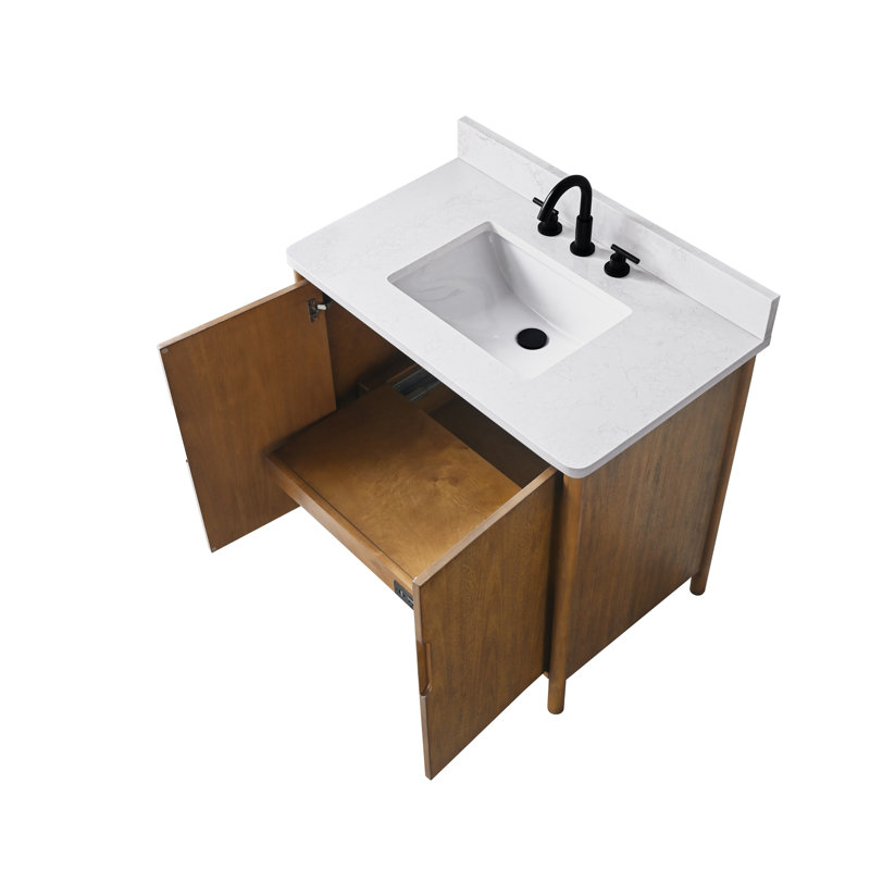 Meuble-lavabo sur pied 36 po avec plateau en pierre Milano Mist, tablette électrique dissimulée et support pour sèche-cheveux