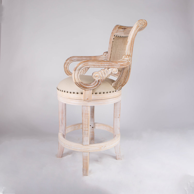 Bethany Swivel Upholstered Stool with Solid Wood Frame, White Wash, Counter Stool (26” Seat Height)