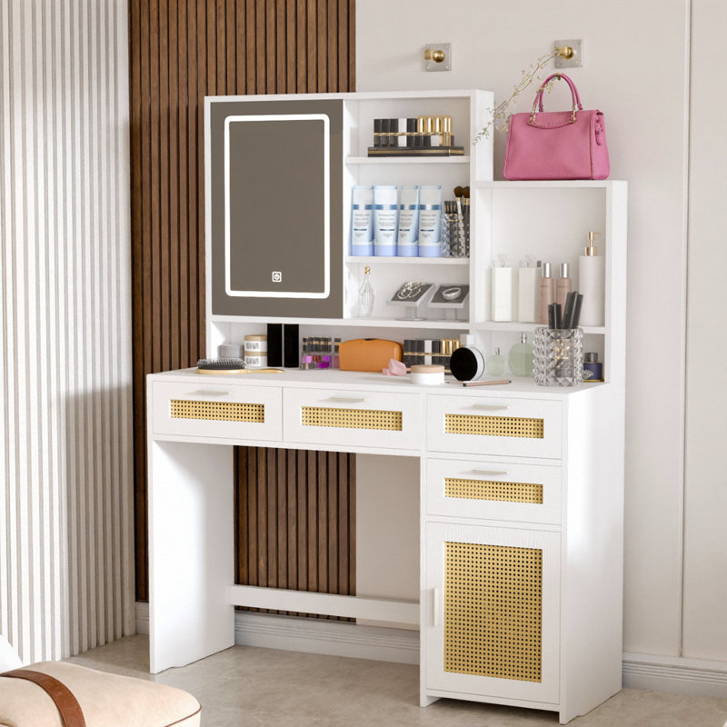 43" Rattan-Accent Vanity – 3-Color LED Mirror, 4 Deep Drawers, Sliding Cabinet, Hidden Back-Of-Mirror Storage, Nightstand Mode