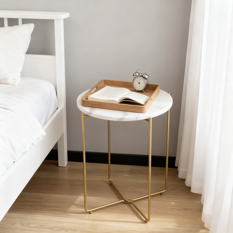 Table d'appoint ronde moderne avec plateau en marbre véritable et structure en métal doré, table d'appoint légère pour le salon, la chambre à coucher et les petits espaces