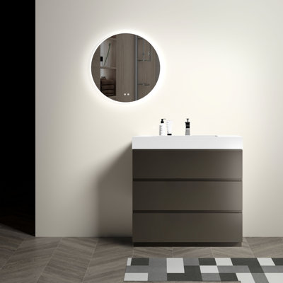 Meuble-lavabo gris de 36 po - élégant et fonctionnel. Rangement maximal, lisse et silencieux. Lavabo blanc. Pas de drain ni de robinet. Pré-assemblé avec un luxe moderne. Finition élégante, rangement. Opération lisse et ergonomique.