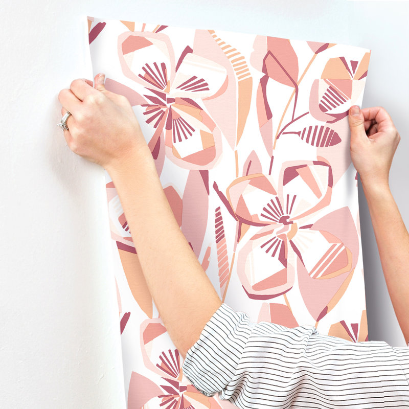Nathalie Light Green Abstract Blooms Wallpaper, Coral