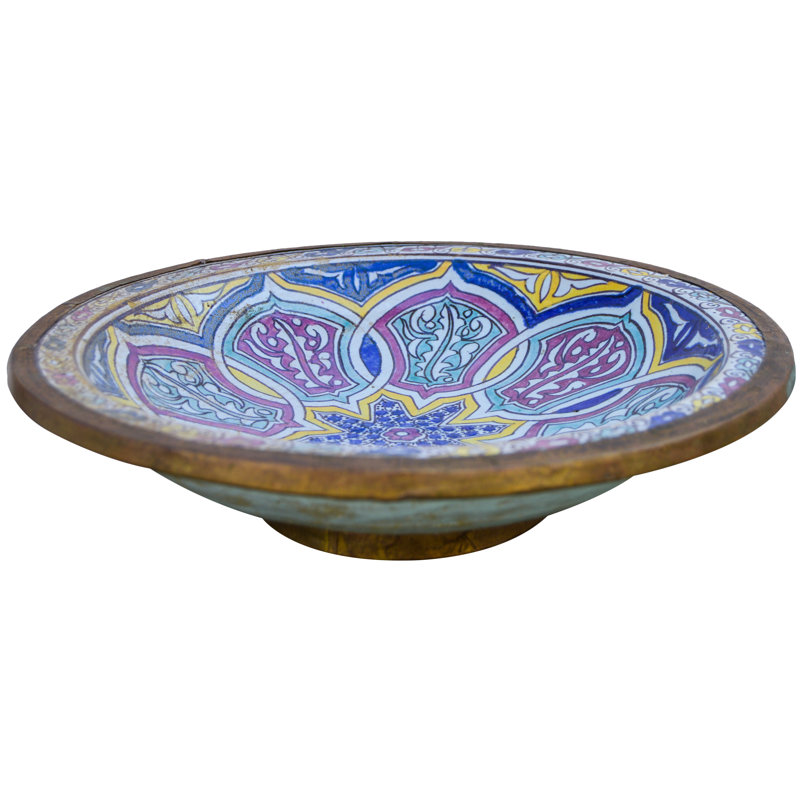 Assiette décorative en céramique / métal bleu / blanc