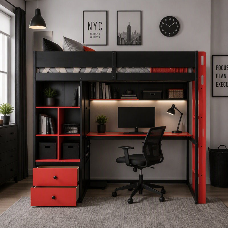 Lit mezzanine double avec bureau, armoire et éclairage DEL intelligent, Twin, Black+Red