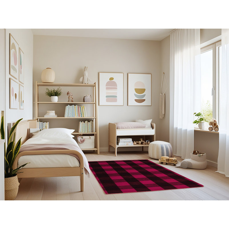 Machine Washable Checkered Red Area Rug, Rectangle 4' x 6'
