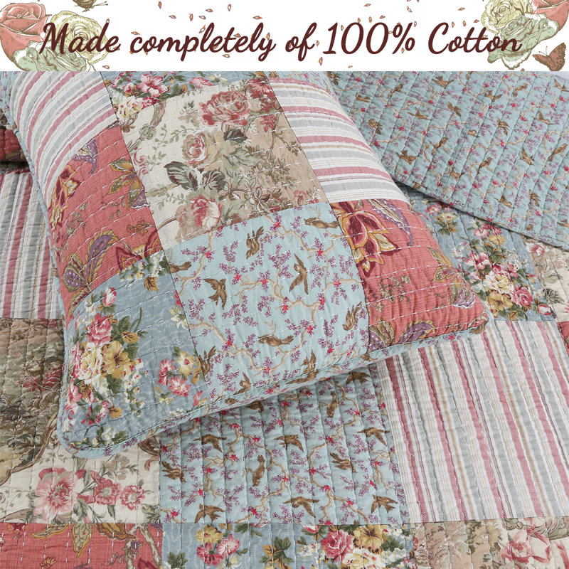 King Size Ivory Cotton Reversible Floral Patchwork Quilt Set