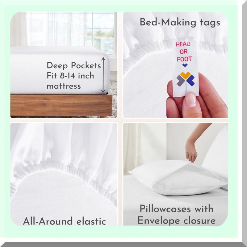 CoolCotton Sateen Bedding Set - Deep Pocket White Sheets - 100% Cotton - Cooling Sheets - 4 Piece Bed Set - Size Bed Sheets
