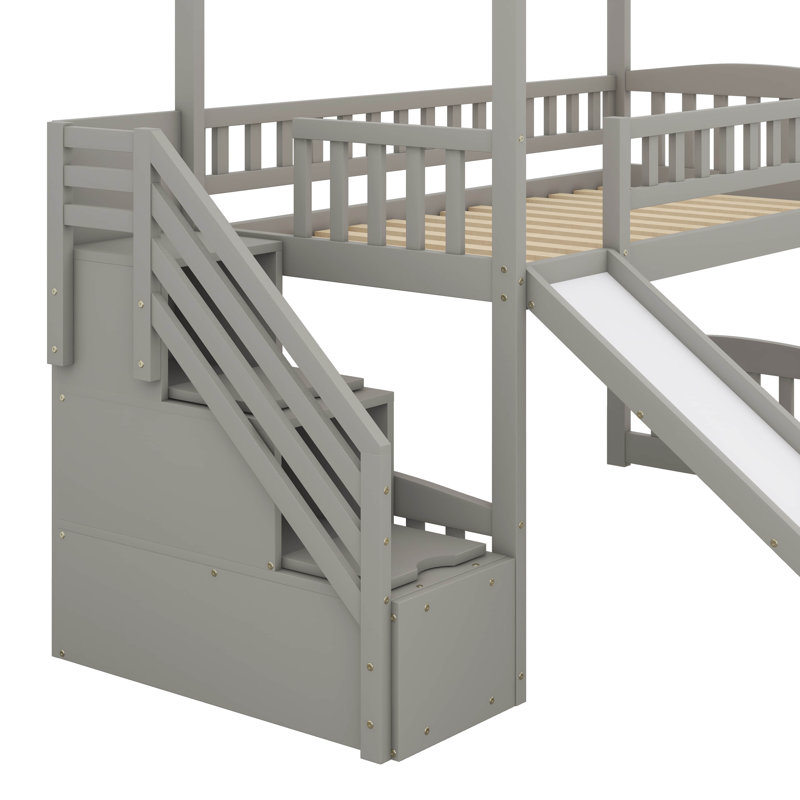 Loft Bed With Storage Stairs And Slide, Gray