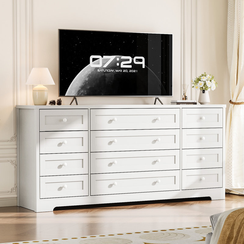 Commode 12 tiroirs en bois pour chambre à coucher, commode moderne pour chambre d'adulte, commode en bois blanc, meuble télé pour téléviseur 65 po, P 15,7 po x l 63 po x H 29,5 po