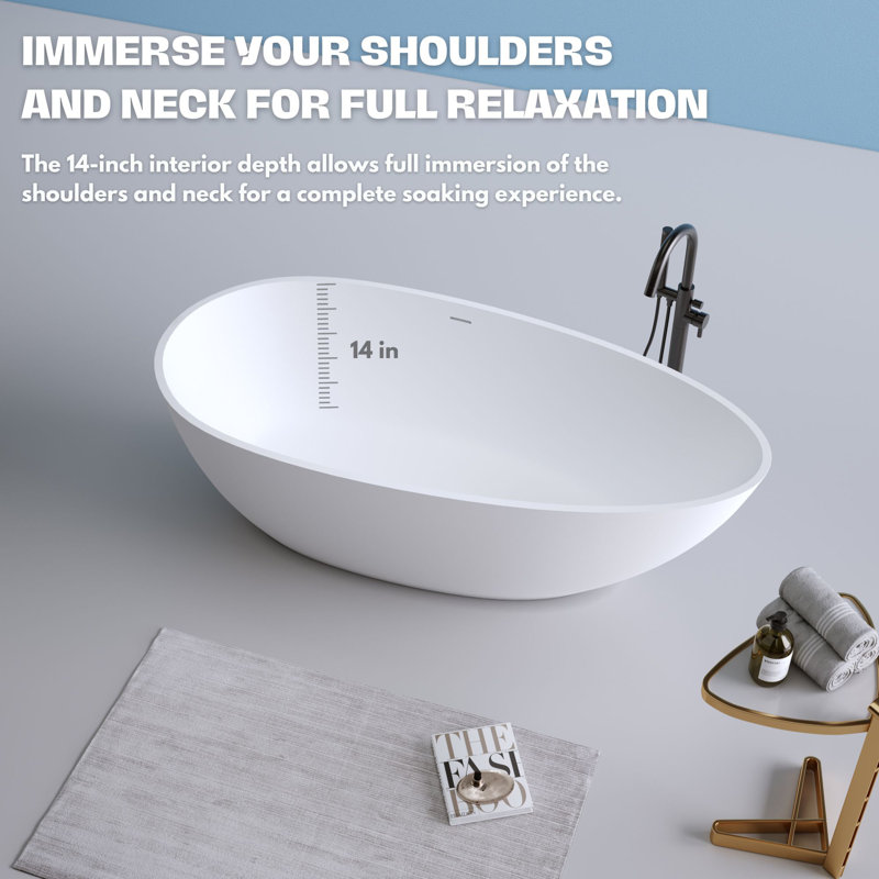Baignoire de trempage profonde autoportante en résine opaque avec drain central 59 po x 30,7 po H2O