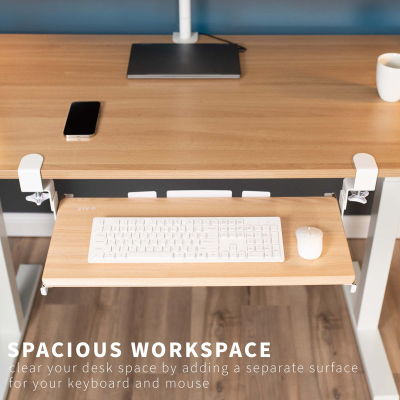 Light Wood Adjustable Under Desk Keyboard Tray with White Clamps
