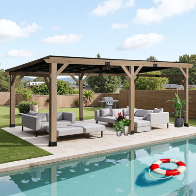12Ft X 20Ft  Solid Wood  Rectangle Gazebo With Hardtop Steel Slope Roof