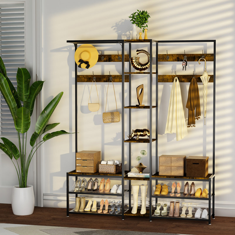 Industrial Corner Coat Rack Bench Shoe Storage Entryway Hall Tree With 10 Hooks