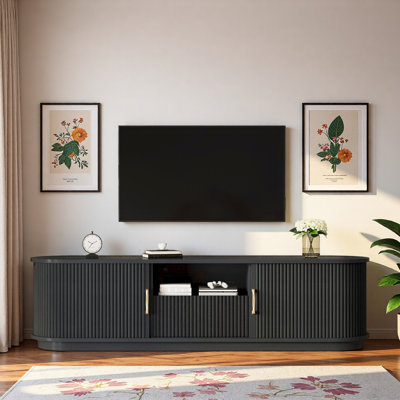 Vintage Rustic Tv Stand With Sliding Wood Slatted Doors, Drawer, Adjustable Shelves And Cable Management