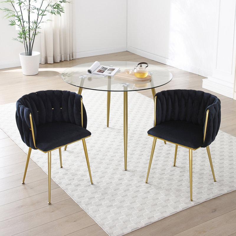 Modern Velvet Dining Chairs Set Of 2, Upholstered Woven Dining Chair With Golden Metal Legs, Upholstered Dining Chairs For Dining Room, Kitchen, Vanity, Living Room