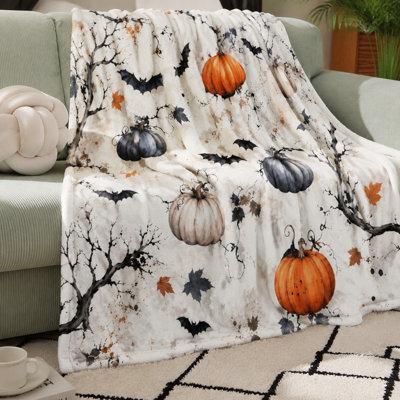 Couverture en peluche à motif citrouille et chauve-souris pour l'Halloween, jeté décoratif et douillet pour canapé, lit, chambre, salon, décoration intérieure