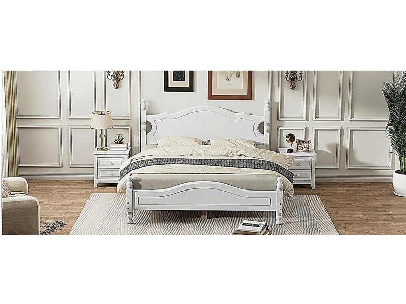 Structure de lit plateforme en bois, lit plateforme de style rétro avec support de traverse en bois, Blanc