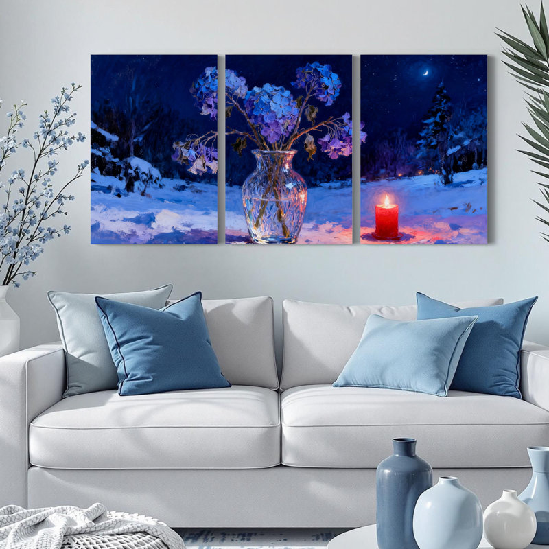 Tableau sur toile représentant une scène de nuit d'hiver avec des hortensias et une chandelle (lot de 3), H 18 po x l 36 po