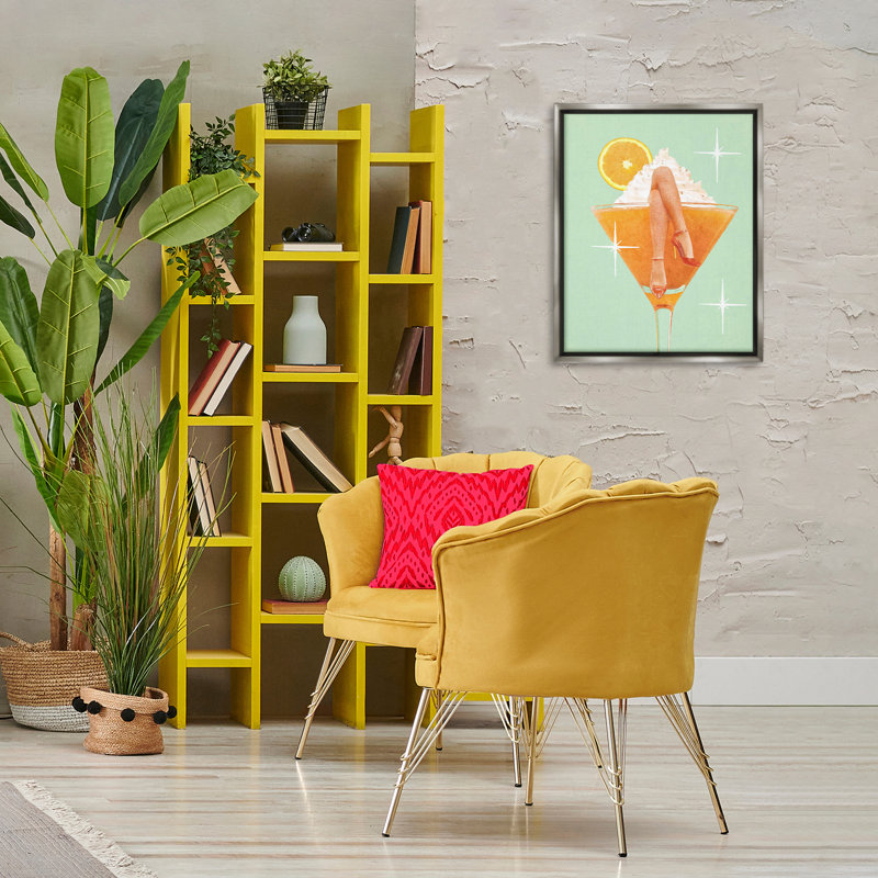 «Crossed Legs Cocktail», art par Lil 'Rue, H 21 po x l 17 po, Cadre flottant gris lustré