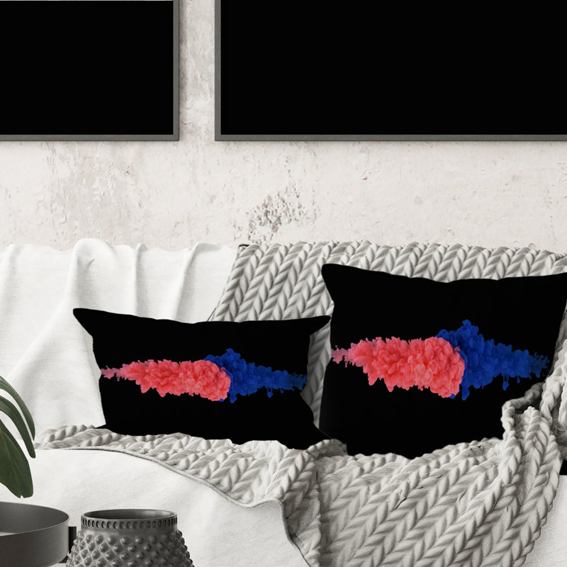 Red and Blue Ink Streams Mix In The Center I - Coussin décoratif imprimé moderne, 16 po x 16 po