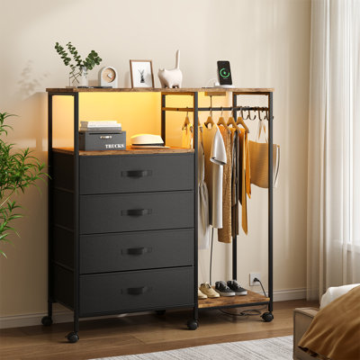 4-Drawer Dresser With Clothes Rack, Led Lighting & Charging Station, Modern Storage Cabinet With Hanging Rod & Wheels For Bedroom Or Closet