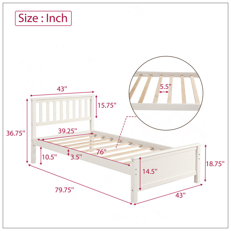 Lit plateforme simple en bois avec tête de lit, pied de lit et lattes en bois, Blanc