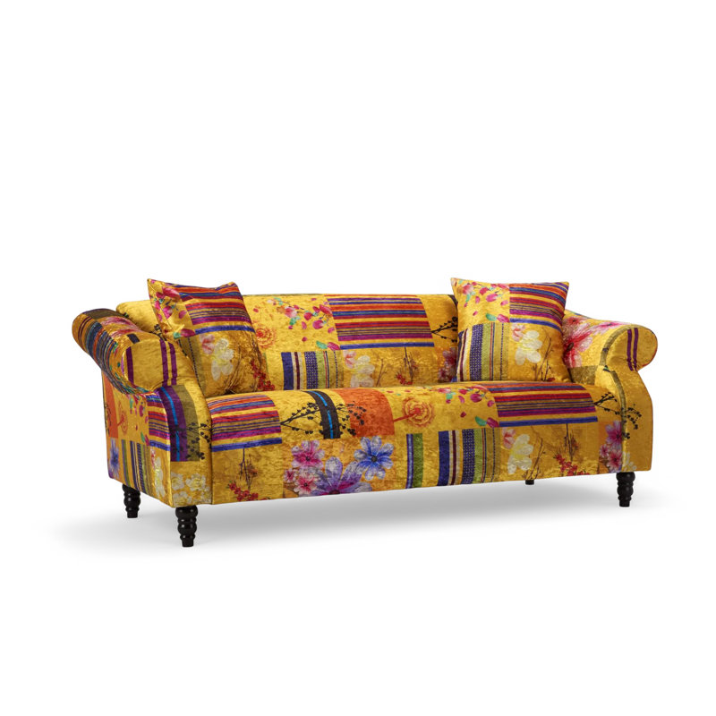 Forsyth Crushed Velvet Patchwork Sofa, Gold, 3
