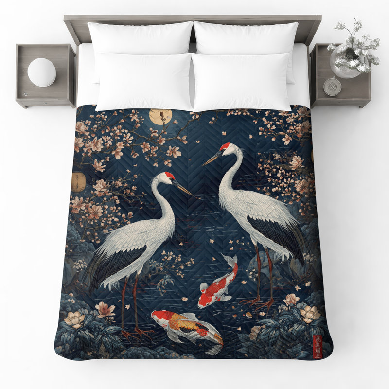 Couvre-lit matelassé Cranes and Koi, Lit simple