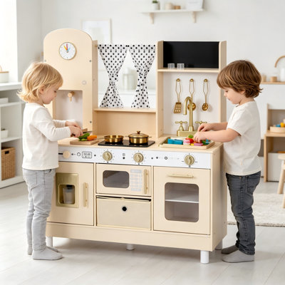 Wooden 12-in-1 Play Kitchen for Kids with Lights & Sounds, Modern Pretend Set with Clock, Chalkboard, Ice Maker, Microwave, Oven, Sink & More – Gift for Toddlers Ages 3-8