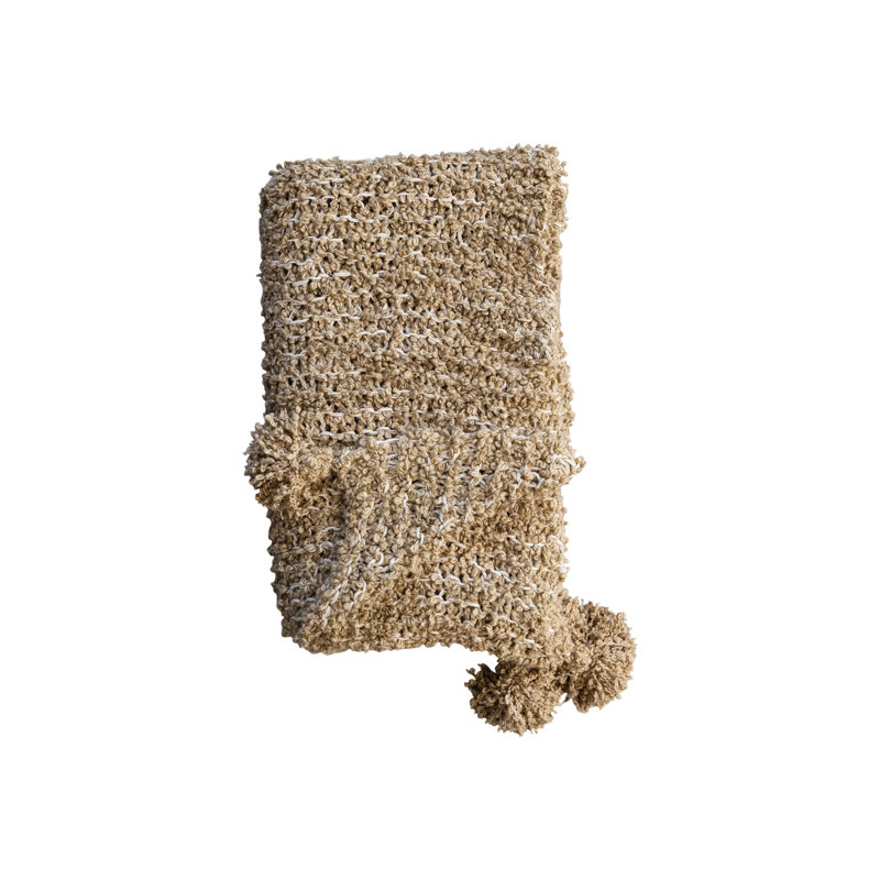 Tan Cotton Chunky Knit Throw Blanket with Tassels
