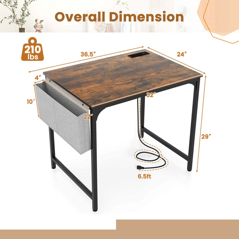 Ebern Designs 32" Computer Desk Small With Charging Station Storage Bag & Headphone Hook, Brown