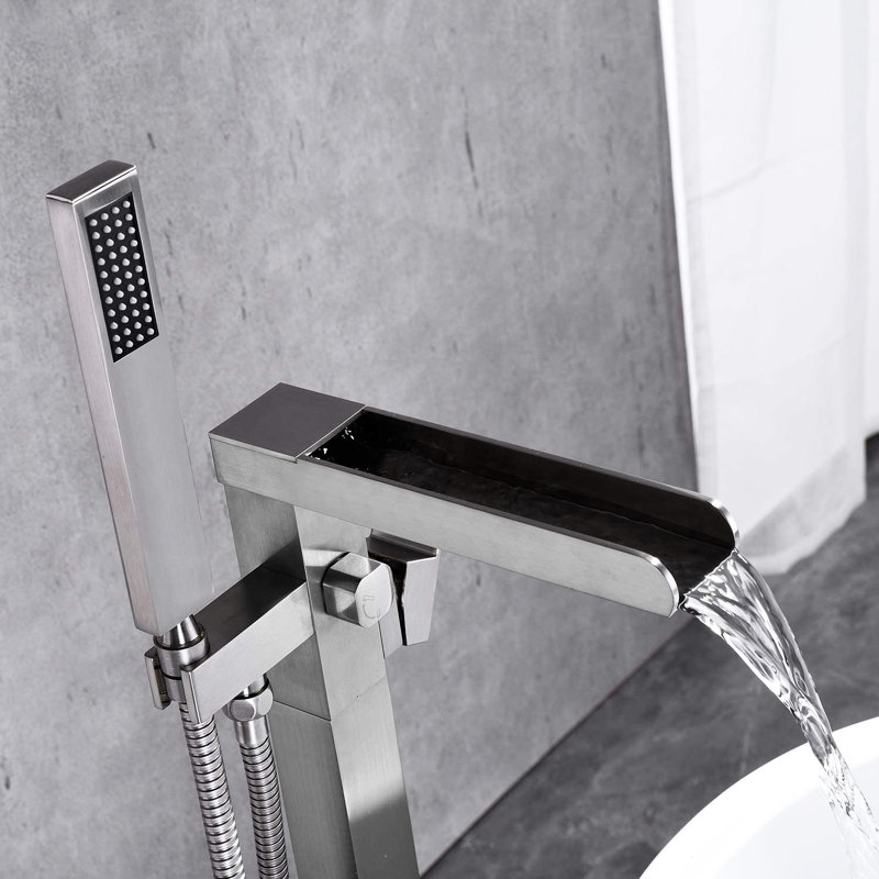 Robinet de salle de bain à fixation au sol avec bec cascade et douche à main - Finition nickel brossé, fixation à effet de robinet de baignoire, résistance à la corrosion