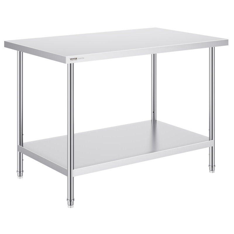 Table de préparation en acier inoxydable, 76 x 122 x 86 cm, capacité de charge de 400 kg, table de travail robuste en métal avec 3 niveaux de hauteur réglables, poste de travail professionnel pour cuisine, garage, restaurant ou jardin.