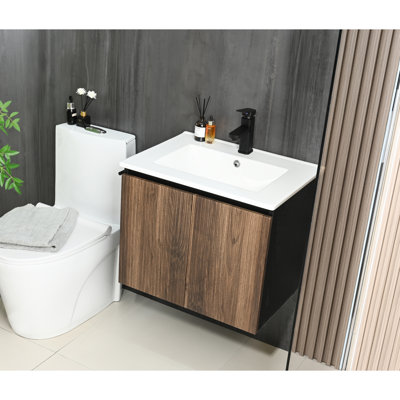 24" Wall - Mount Bathroom Sink Vanity With Storage And Black Towel Holder, Ample Space For Skincare Products, Modern Aesthetic Floating Rack, Single Hole Ceramic Sink, Solid Base, Soft Closing Buffer