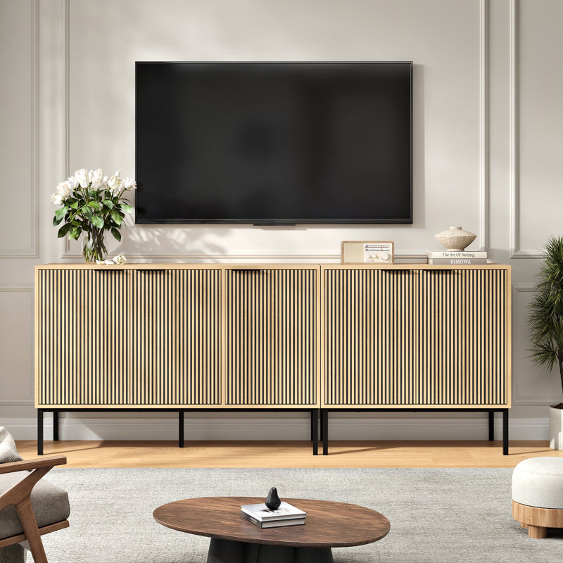 Tv Stand For Tvs Up To 75",mid-century Modern Flat Stripe Entertainment Console With Doors And Adjustable Shelves