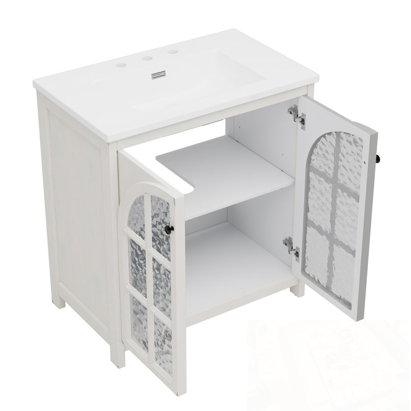 Meuble-lavabo de salle de bain avec lavabo, pieds en bois et 2 portes en verre, Blanc