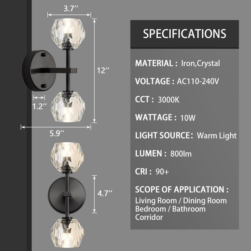 Appliques murales en cristal (ensemble de 2), Noir mat