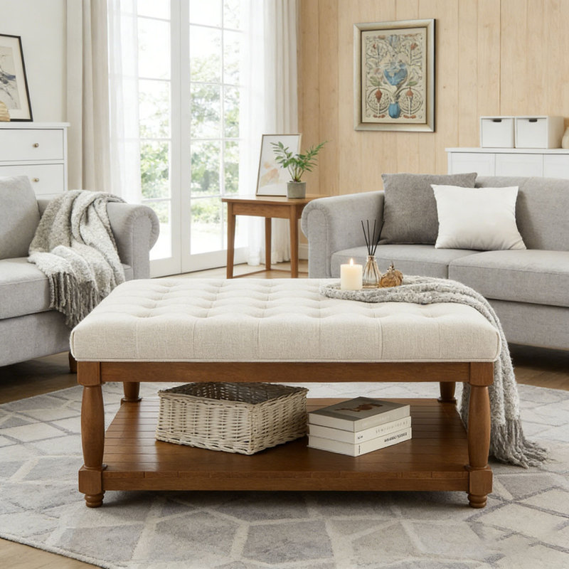 Upholstered Tufted Linen Ottoman Coffee Table, Square, Ivory