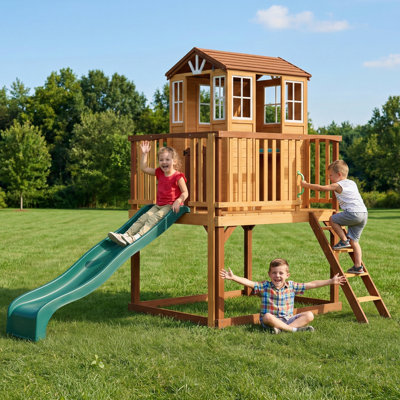 Outdoor Wooden Playhouse For Kids - Fir Tree House With Slide, Climbing Ladder & Play Kitchen
