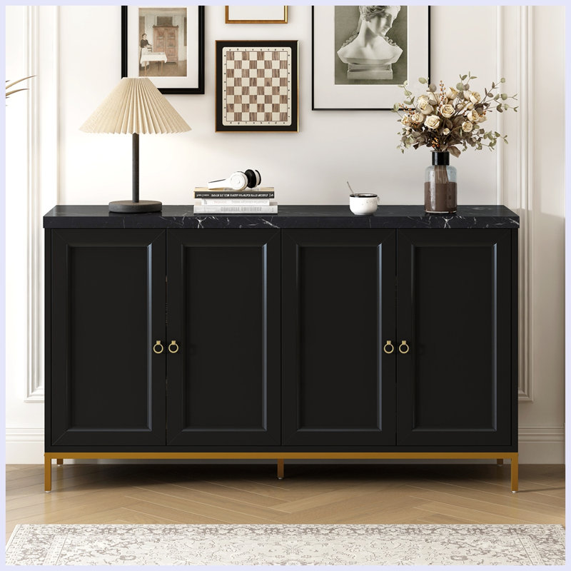 Modern Sideboard with Extra Large Storage Space with Metal Handles and Support Legs, Black