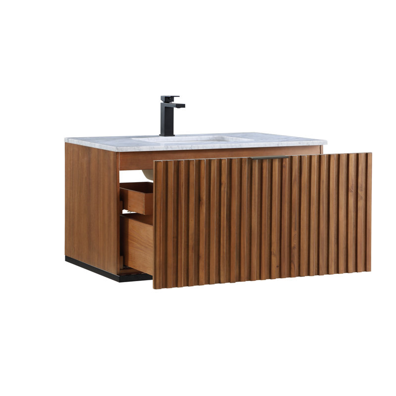 Terra 36'' W Single Vanity, Walnut, Carrara Marble/Single Faucet Mount, Matte Black