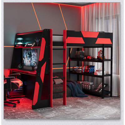 Lit mezzanine double avec bureau intégré, tablettes et lumières DEL pour une efficacité optimale