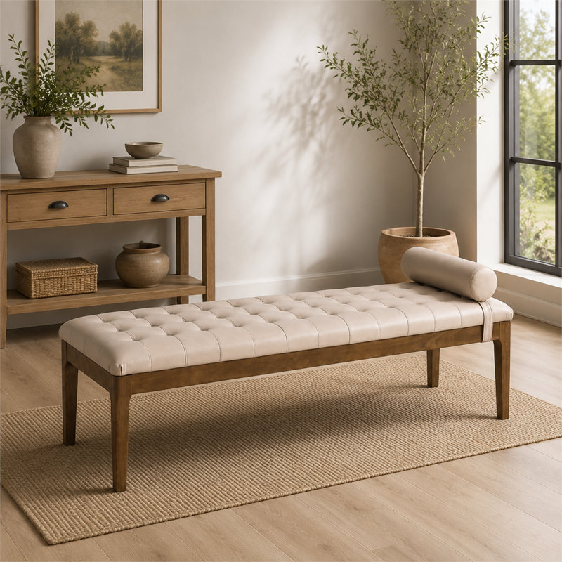 Banc de lit capitonné en similicuir, banc de chambre rembourré avec traversin et pieds en bois robuste
