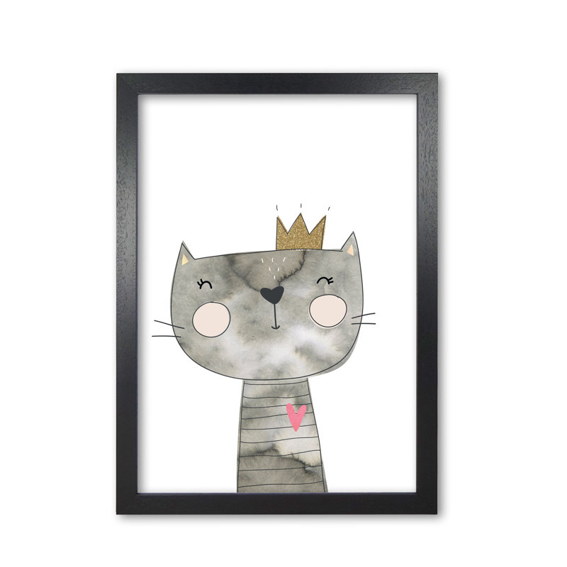 Scandi Grey Cat - Painting, Black Grain Frame, 60 cm H x 42 cm W x 5 cm D
