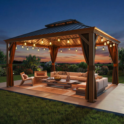 14 pi. L 12 pi. D Pavillon de jardin extérieur en aluminium à toit rigide avec toit à double couche, rideaux et moustiquaire