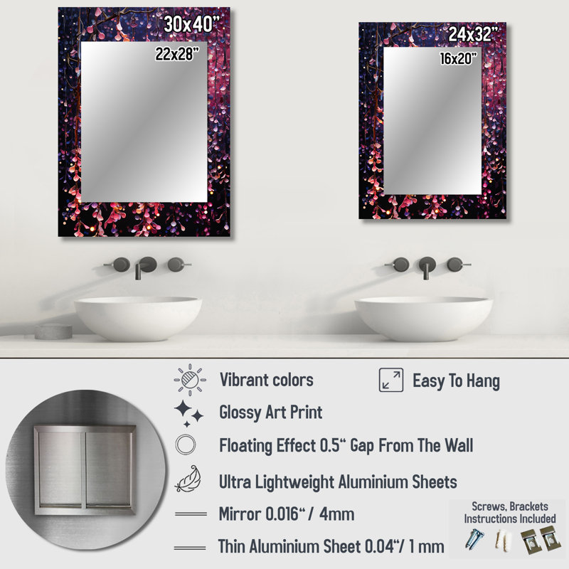 Purple and pink Canopy of Blossoms - Cherry Blossom Tree Decorative Mirror, Purple Wall Mirror, Printed Metal Art, 32" x 24"