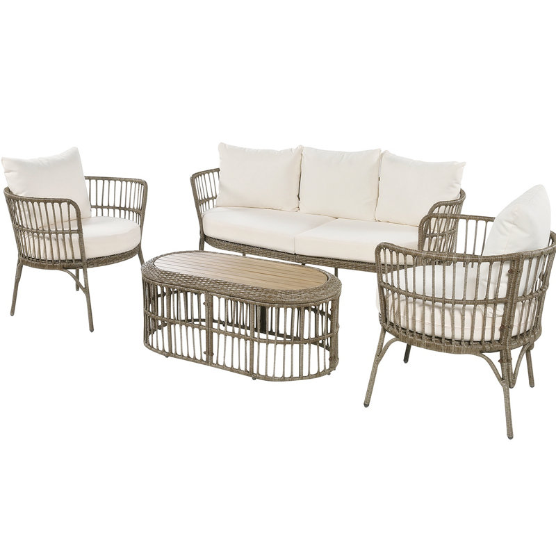 Ensemble de conversation de patio en rotin 4 pièces avec sièges pour 5 personnes et table basse Antanas