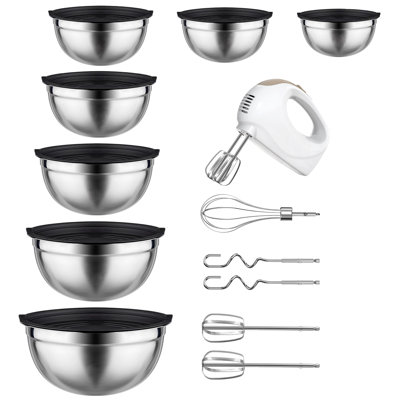 7 Pcs Stainless Steel Nesting Mixing Bowls Set & 5-speed Electric Hand Mixer With Whisk Set